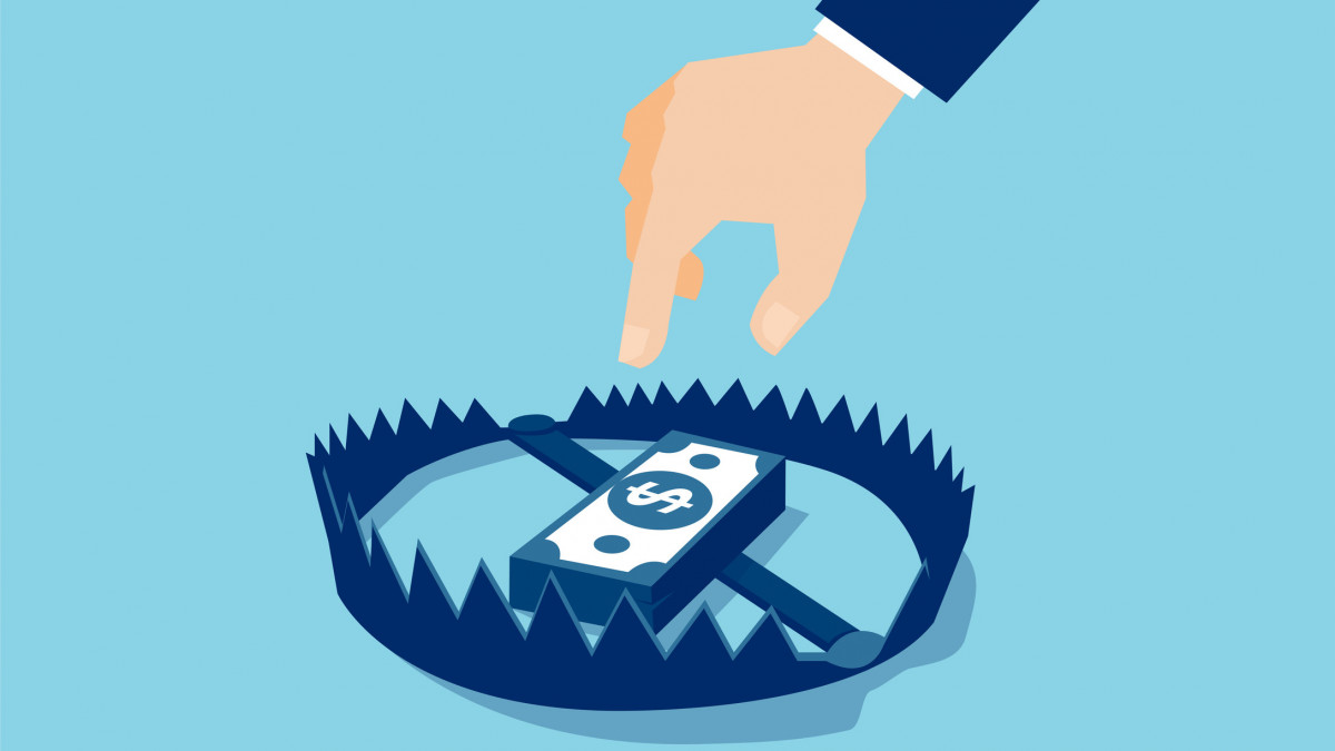 Vector of a businessman hand trying to reach money trap with dollar banknotes