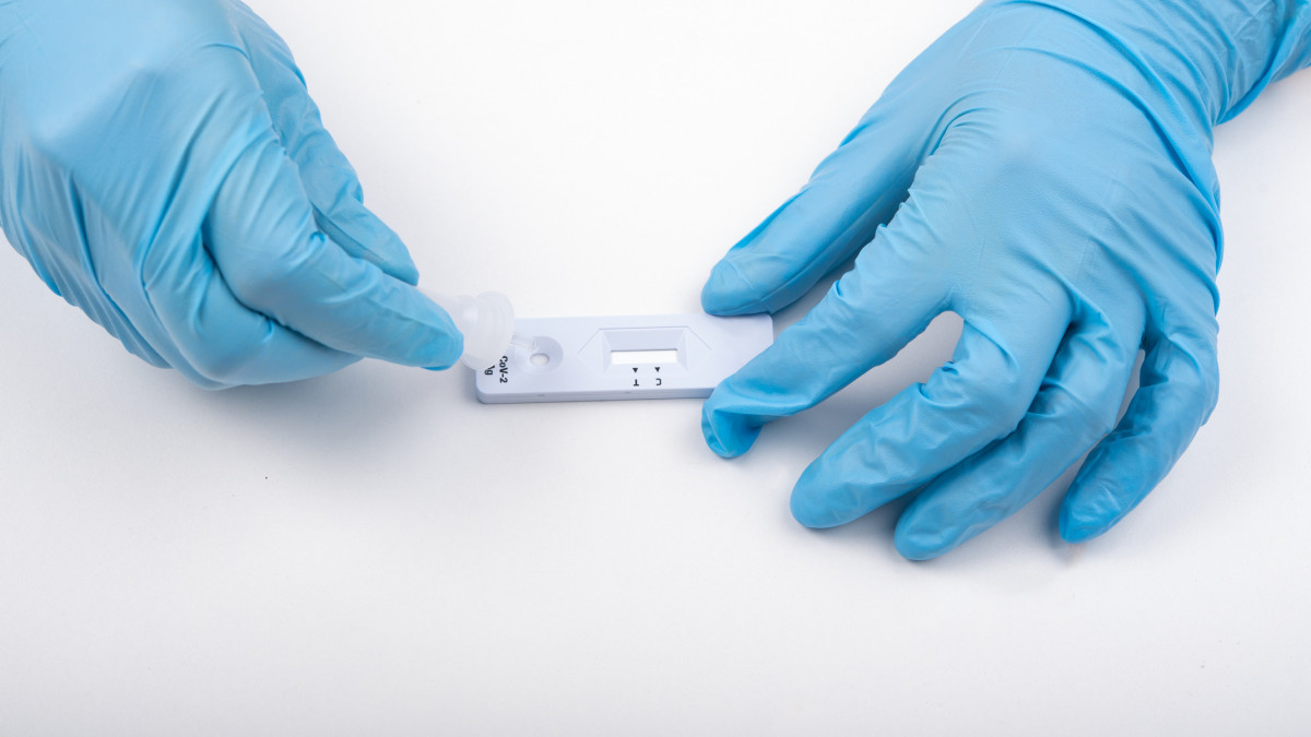 closeup of woman, wearing blue surgical gloves, placing the sample into the covid-19 antigen diagnostic test device, on white table