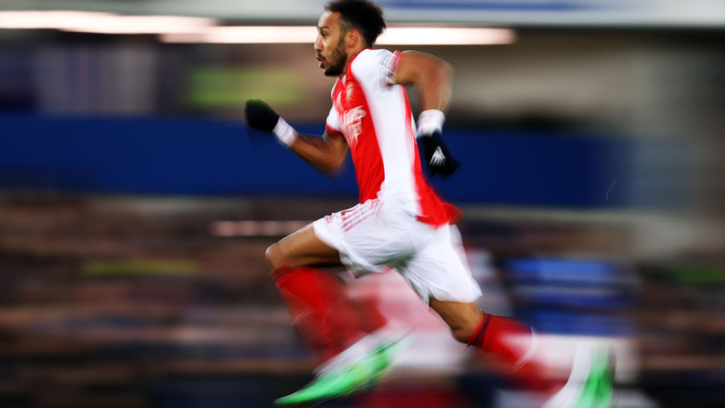 LIVERPOOL, ENGLAND - DECEMBER 06: Pierre-Emerick Aubameyang of Arsenal runs for the ball during the Premier League match between Everton  and  Arsenal at Goodison Park on December 06, 2021 in Liverpool, England. (Photo by Naomi Baker/Getty Images)