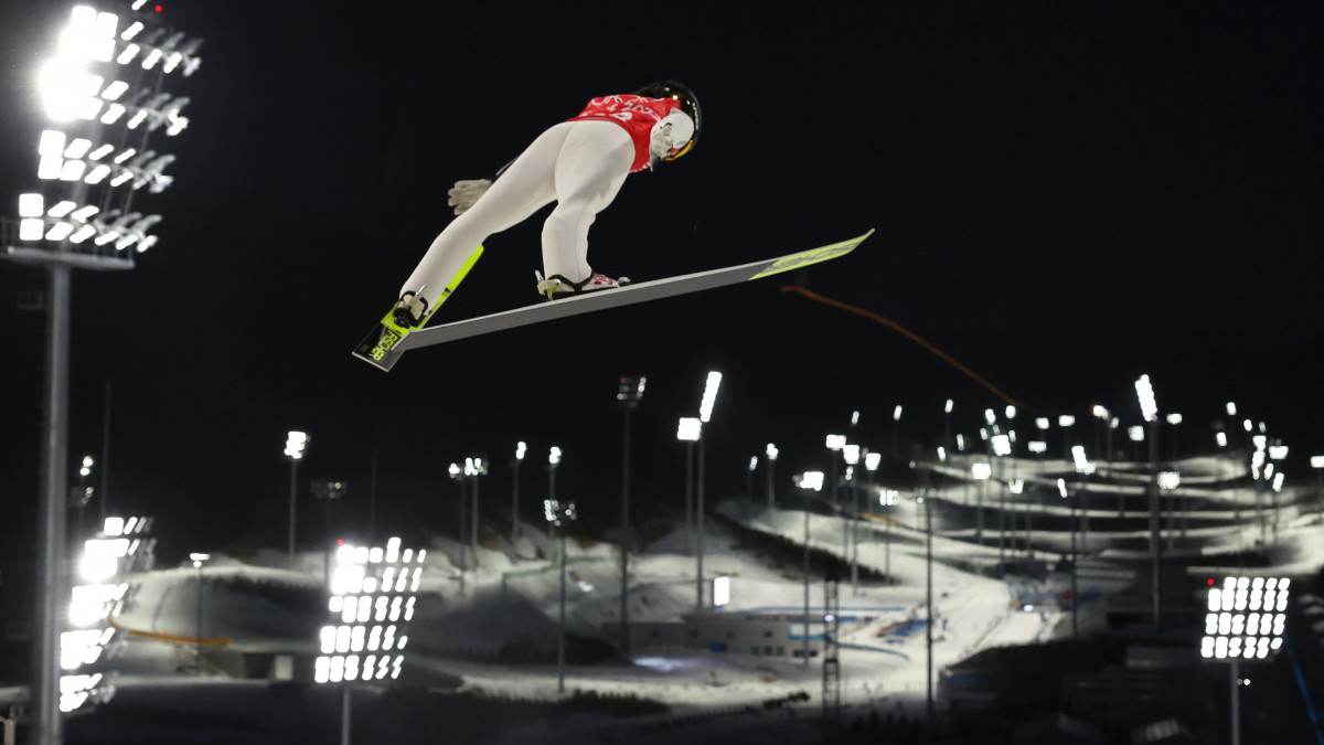 ZHANGJIAKOU, CHINA - FEBRUARY 03: Thea Minyan Bjoerseth of Team Norway jumps during the Womens Normal Hill  official Training at Zhangjiakou National Ski Jumping Centre  on February 03, 2022 in Zhangjiakou, China.  (Photo by Lars Baron/Getty Images)