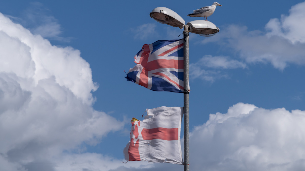 Street light, seagull and weathered flags of UK and Northern Ireland, Millisle, County Down, Northern Ireland.  During the summer months it has become common place for Protestant Loyalists to illegally erect flags on street lamps within the neighbourhoods that they dominate.