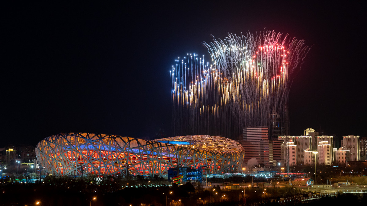 BEIJING, CHINA - FEBRUARY 4, 2022 - Fireworks are seen during the opening ceremony of the 2022 Beijing Winter Olympic Games at the National Stadium in Beijing, Feb 4, 2022. (Photo credit should read Costfoto/Future Publishing via Getty Images)