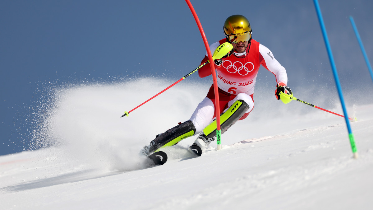 YANQING, CHINA - FEBRUARY 10: Johannes Strolz of Team Austria skis during the Mens Alpine Combined Slalom on day six of the Beijing 2022 Winter Olympic Games at National Alpine Ski Centre on February 10, 2022 in Yanqing, China. (Photo by Sean M. Haffey/Getty Images)