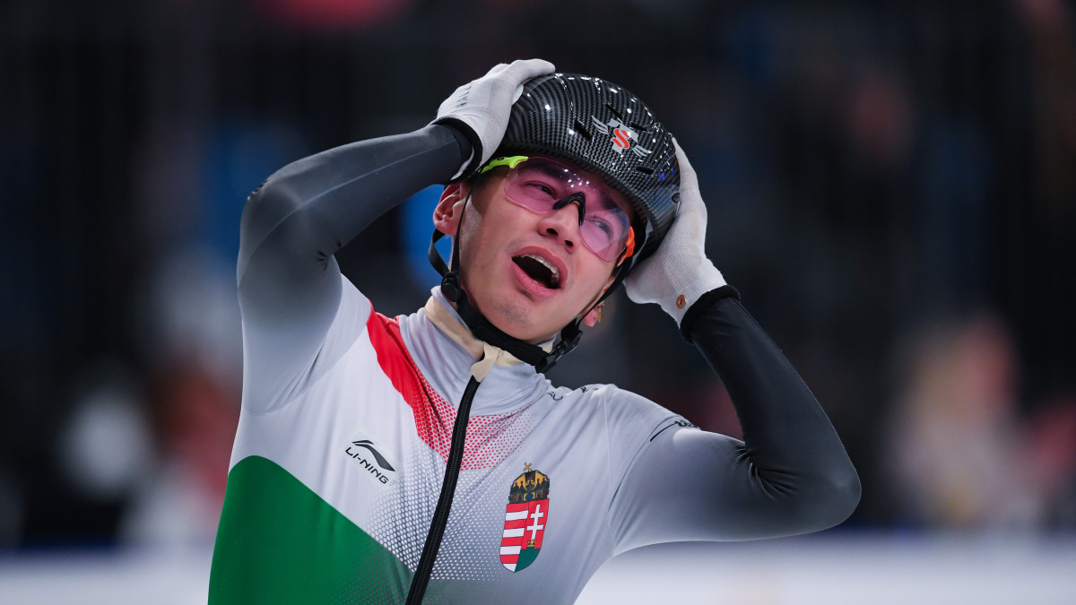 DEBRECEN, HUNGARY - JANUARY 26: Shaolin Sandor Liu of Hungary reacts after the Men 5000m Relay final race during the ISU European Short Track Speed Skating Championships at the Foenix Arena on January 26, 2020 in Debrecen, Hungary. (Photo by Oliver Hardt - International Skating Union/International Skating Union via Getty Images)