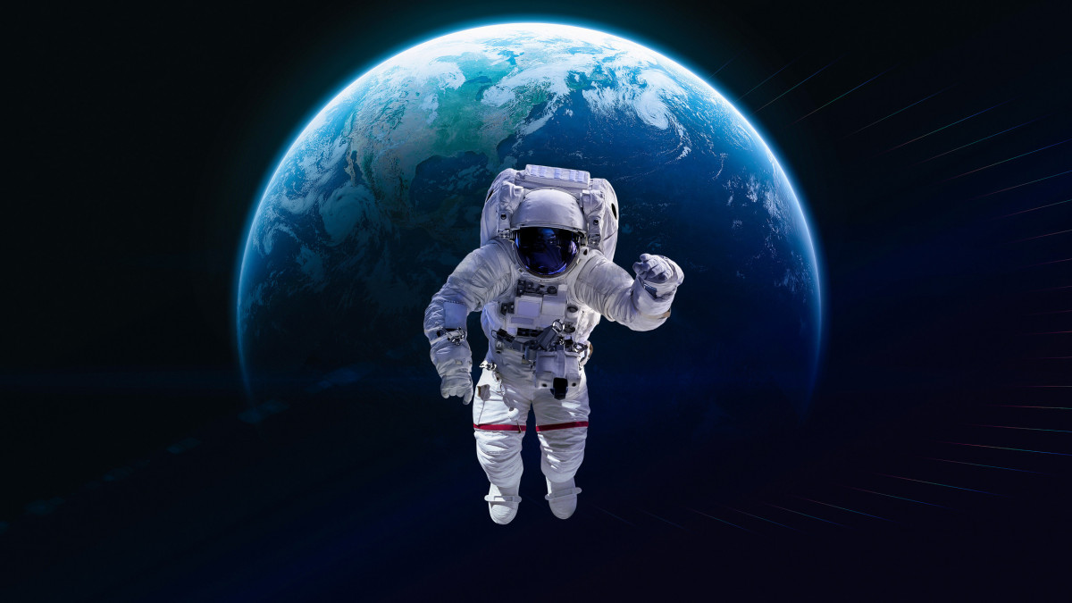 Astronaut in outer deep space on orbit of Earth planet. Dark space and spaceman. Elements of this image furnished by NASA (url:https://earthobservatory.nasa.gov/blogs/elegantfigures/wp-content/uploads/sites/4/2011/10/land_shallow_topo_2011_8192.jpg https://images-assets.nasa.gov/image/sts069-714-046/sts069-714-046~medium.jpg)