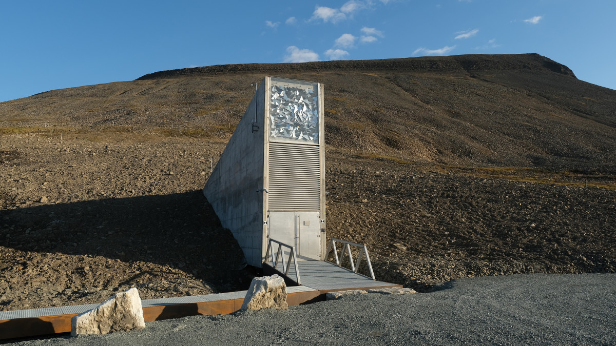 LONGYEARBYEN, NORWAY - JULY 29: The entrance to the Svalbard Global Seed Vault during a summer heat wave on Svalbard archipelago on July 29, 2020 in Longyearbyen, Norway. The Svalbard Global Seed Vault is an internationally-funded repository for storing seeds from plants from across the globe deep underground at minus 18 degrees Celsius as a measure to protect the seeds against conditions of global chaos. Svalbard archipelago, which lies approximately 1,200km north of the Arctic Circle, is currently experiencing a summer heat wave that set a new record in Longyearbyen on July 25 with a high of 21.7 degrees Celsius. Global warming is having a dramatic impact on Svalbard that, according to Norwegian meteorological data, includes a rise in average winter temperatures of 10 degrees Celsius over the past 30 years, creating disruptions to the entire local ecosystem.  (Photo by Sean Gallup/Getty Images)