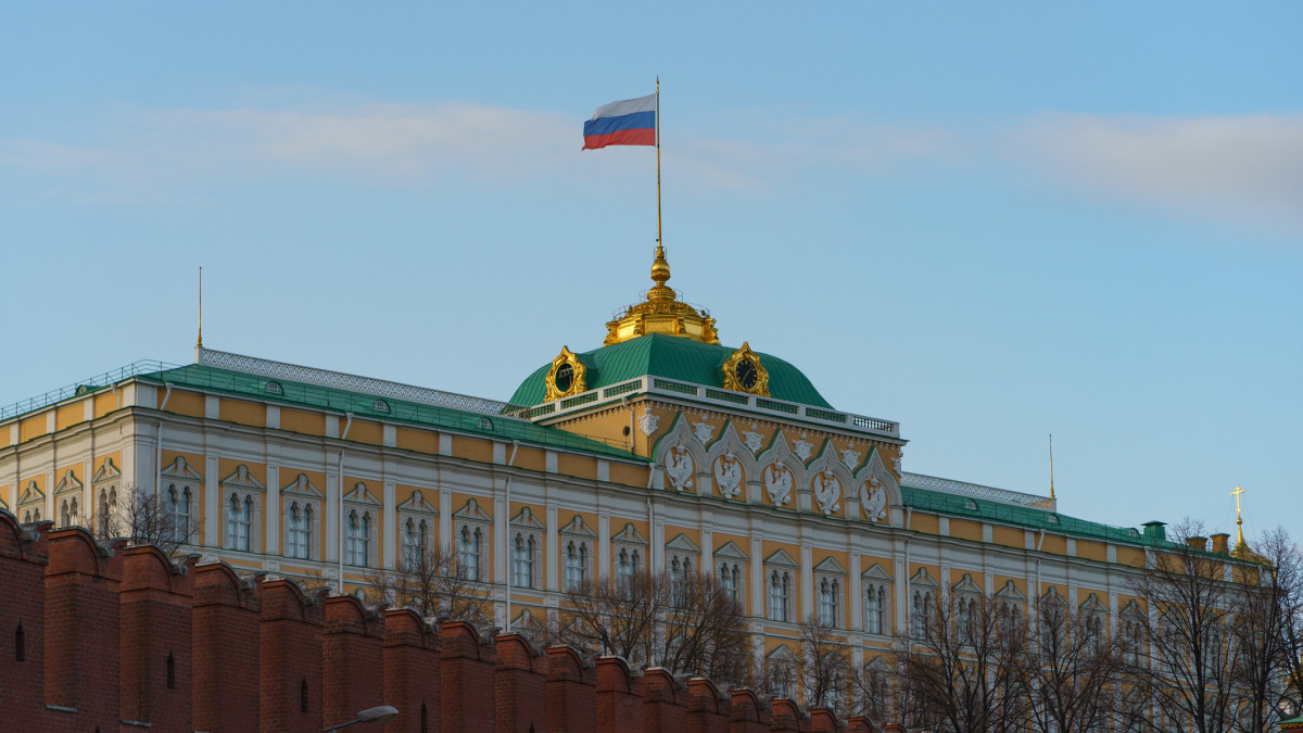 Photography of the Residence of the President of the Russian Federation.  Kremlin Senate. Red Kremlin wall. Red Square at spring sunshine day. Coronavirus pandemic time.