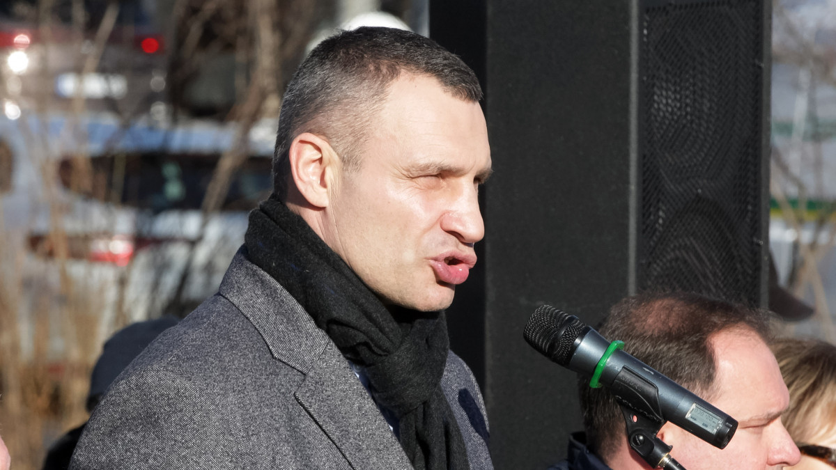 Kyiv mayor Vitali Klitschko speaks at a monument to soldiers who killed in Afghanistan war in the 1979-1989, on the anniversary of the Soviet troops withdrawal from Afghanistan, in Kyiv, Ukraine on 15 February 2022. Every year on 15 February Ukraine mark the Day of honoring the participants of combat operations on the territory of other states. Some 3 360 Ukrainian soldiers were killed in the war in Afghanistan. (Photo by STR/NurPhoto via Getty Images)