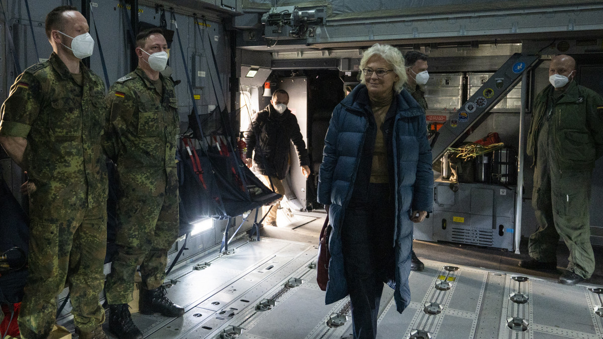 02 March 2022, Berlin: Christine Lambrecht (SPD), German Defense Minister, boards an A400 M for a trip to Constanta, Romania. The minister visits the German troops stationed in Constanta. Photo: Christophe Gateau/dpa (Photo by Christophe Gateau/picture alliance via Getty Images)