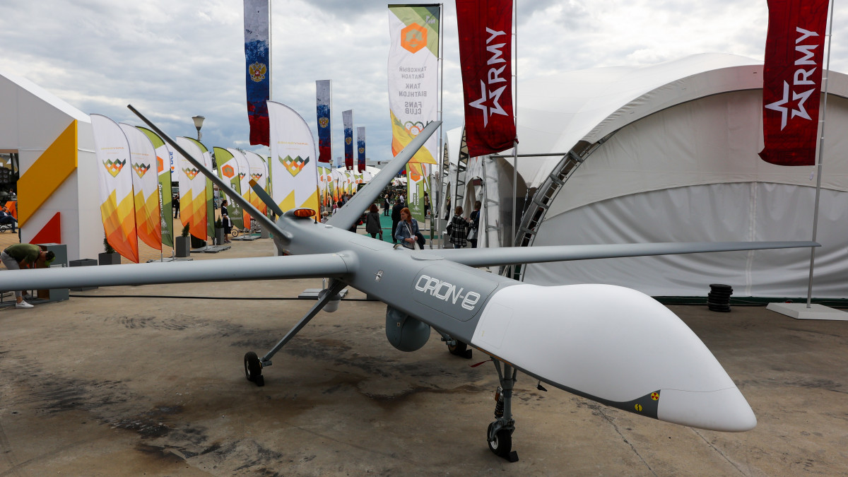 MOSCOW REGION, RUSSIA - AUGUST 24, 2021: An Orion-E long flight time UAV on display at the Army 2021 International Military and Technical Forum in Patriot Military Park in the town of Kubinka, 61km west of Moscow. Vladimir Gerdo/TASS (Photo by Vladimir Gerdo\TASS via Getty Images)