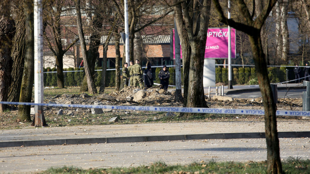 ZAGREB, CROATIA - MARCH 11: Police officers take security measures after an alleged unmanned aerial vehicle crashed in the Croatian capital Zagreb on March 11, 2022. Police find parachutes near crash site. (Photo by Stipe Majic/Anadolu Agency via Getty Images)