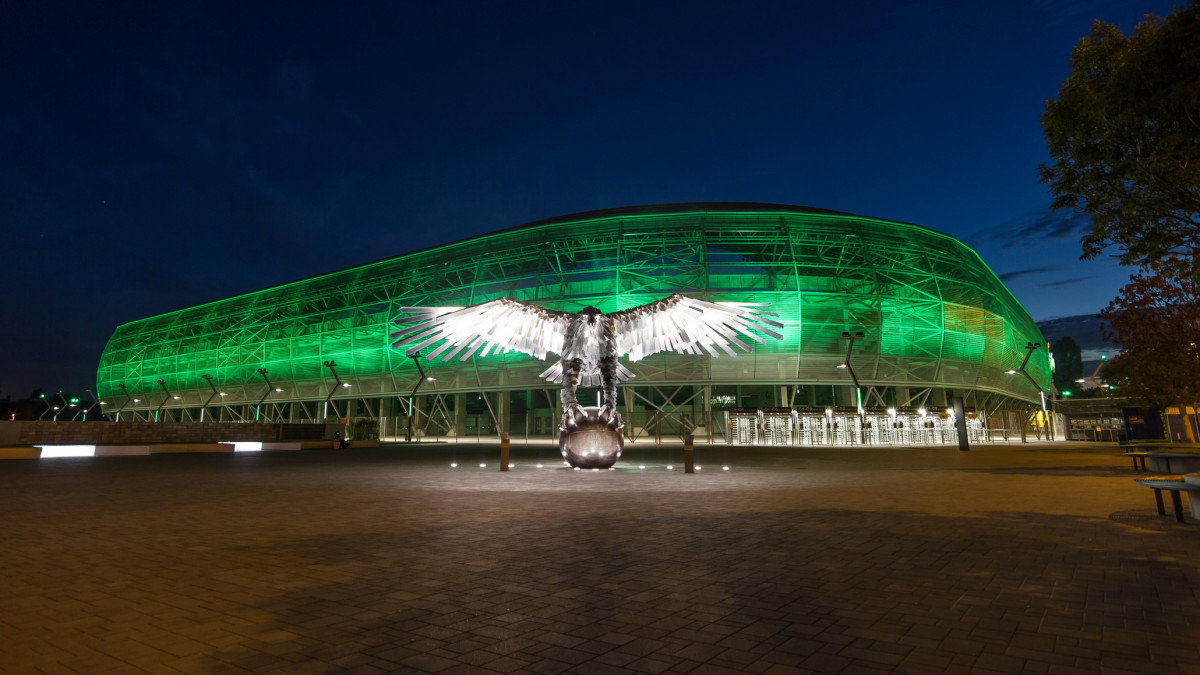 Budapest, Hungary - August 29, 2014: Groupama Arena the home of the FerencvĂĄrosi Torna Club, Budapest, Hungary. The second largest stadium in Hungary. The best-known part of the club is the mens football team.