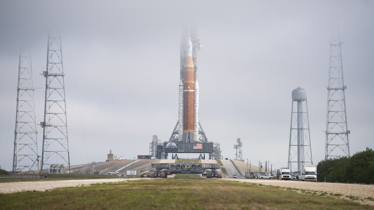 CAPE CANAVERAL, FL - MARCH 18:  In this handout provided by the National Aeronautics and Space Administration (NASA),  NASAs Space Launch System (SLS) rocket with the Orion spacecraft aboard is seen atop a mobile launcher at Launch Complex 39B, Friday, March 18, 2022, after being rolled out to the launch pad for the first time at NASAs Kennedy Space Center in Florida. Ahead of NASAs Artemis I flight test, the fully stacked and integrated SLS rocket and Orion spacecraft will undergo a wet dress rehearsal at Launch Complex 39B to verify systems and practice countdown procedures for the first launch. (Photo bu Aubrey Gemignani/NASA via Getty Images)
