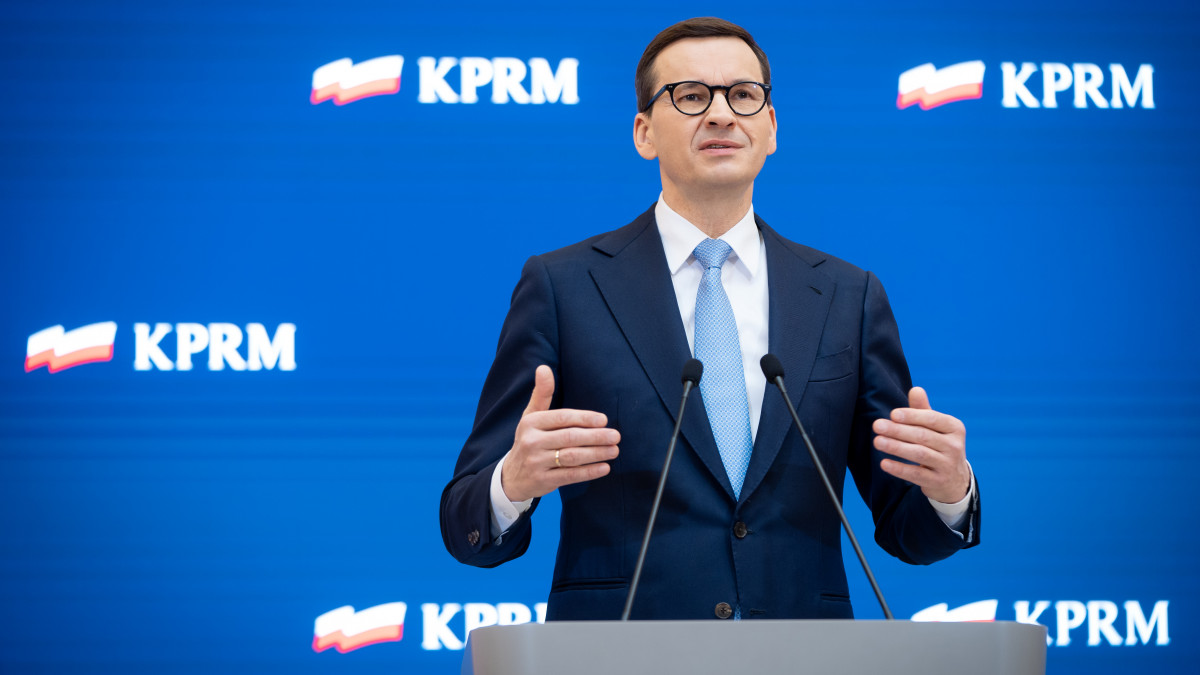 Polish Prime Minister Mateusz Morawiecki during a press conference in Warsaw, Poland, on March 24, 2022 (Photo by Mateusz Wlodarczyk/NurPhoto via Getty Images)
