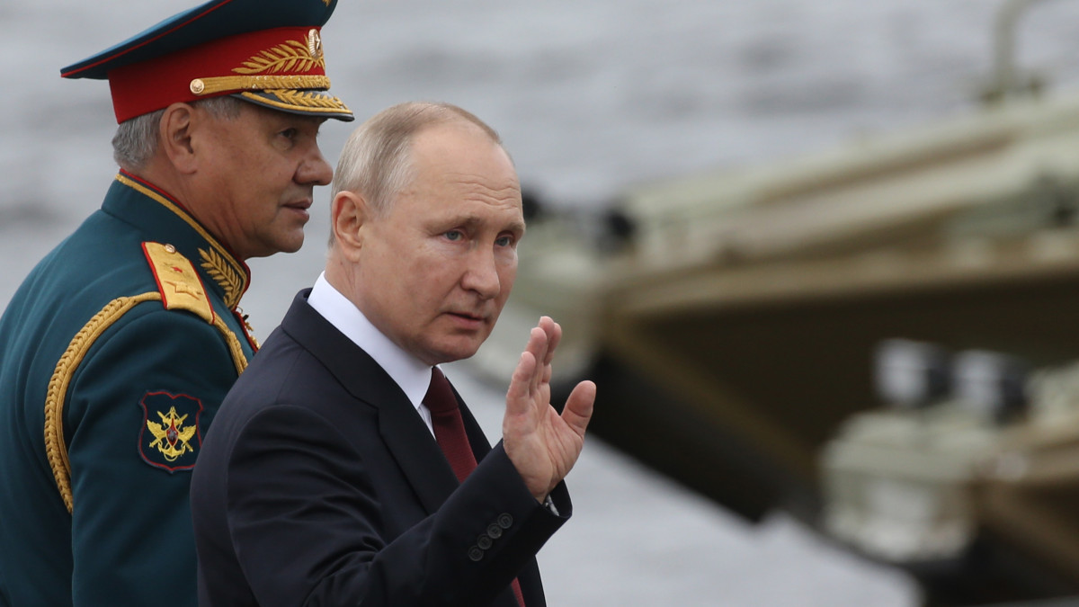 SAINT PETERSBURG, RUSSIA - JULY,25 (RUSSIA OUT): Russian President Vladimir Putin (R) and Defence Minister Sergei Shoigu (L) seen during the military parade marking the Russias Navy Day, on July,25,2021, in Saint Petersburg, Russia. The Navy Day military parade held in St.Petersburg, despite the coronavirus (COVID-19) pandemic. (Photo by Mikhail Svetlov/Getty Images)