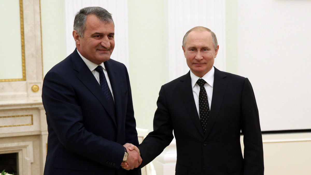 MOSCOW, RUSSIA - MARCH, 6: (RUSSIA OUT) Russian President Vladimir Putin (R) greets South Ossetian leader Anatoly Bibilov (L) during their talks at the Kremlin on March 6 2019,  in Moscow, Russia. Disputed territory of South Ossetia is internationally recognised as part of Georgia, but recognised as a state by Russia, Syria, Venezuela, Nicaragua and Nauru. (Photo by Mikhail Svetlov/Getty Images)