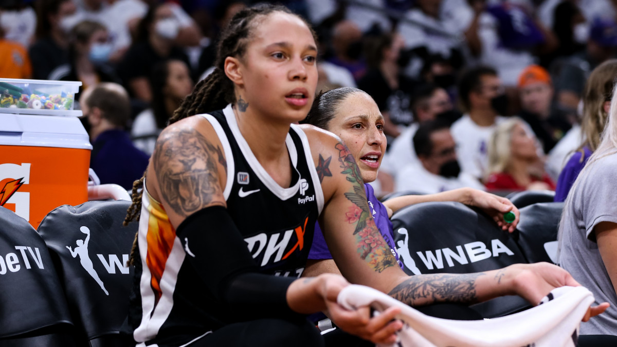 PHOENIX, ARIZONA - OCTOBER 10: Brittney Griner #42 and Diana Taurasi #3 of the Phoenix Mercury reacts to a foul call in the second half during the game against the Chicago Sky at Footprint Center on October 10, 2021 in Phoenix, Arizona. NOTE TO USER: User expressly acknowledges and agrees that,  by downloading and or using this photograph,  User is consenting to the terms and conditions of the Getty Images License Agreement. (Photo by Mike Mattina/Getty Images)