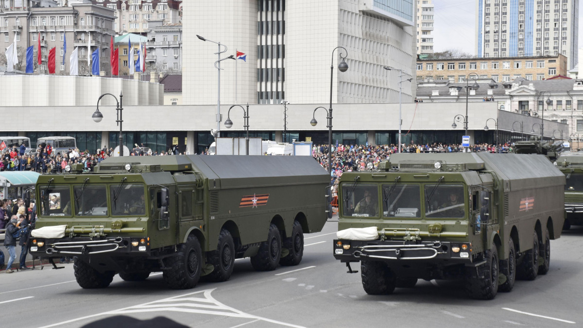 Photo taken at a military parade in Vladivostok, Russia, on May 9, 2018 shows vehicles equipped with shore-to-ship missile system Bastion. (Kyodo) ==Kyodo (Photo by Kyodo News Stills via Getty Images)