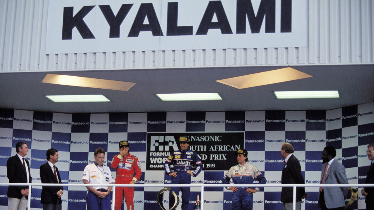 SOUTH AFRICA - MARCH 14:  Formula 1 grand prix: victory of Alain Prost in Kyalami, South Africa on March 14, 1993-Podium.  (Photo by Jean-Marc LOUBAT/Gamma-Rapho via Getty Images)