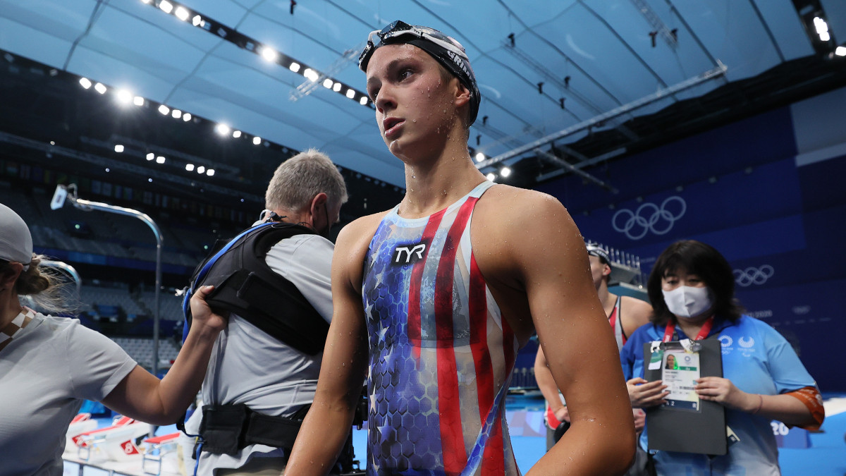 TOKYO, JAPAN - JULY 31: Katie Grimes of Team United States looks on after the Womens 800m Freestyle Final at Tokyo Aquatics Centre on July 31, 2021 in Tokyo, Japan. (Photo by Tom Pennington/Getty Images)