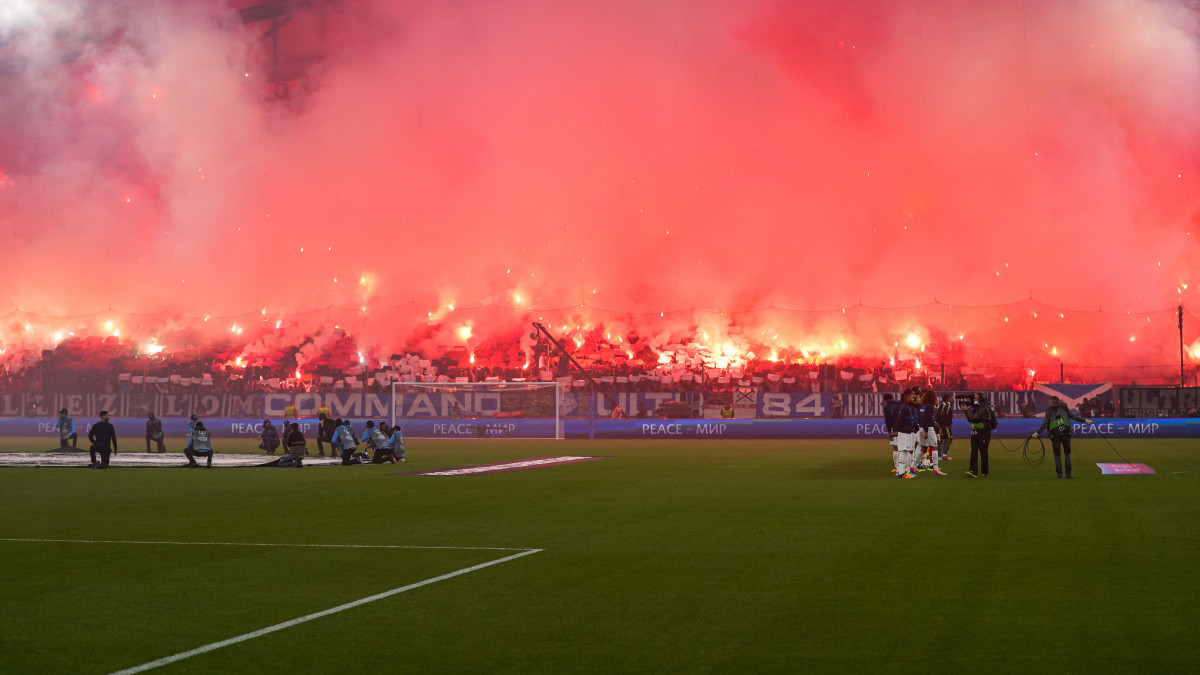 MARSEILLE, FRANCE - MAY 5: Flares are lit prior to the UEFA Europa Conference League Semi-Finals, Second Leg match between Olympique Marseille and Feyenoord at Stade VĂŠlodrome on May 5, 2022 in Marseille, France (Photo by Andre Weening/BSR Agency/Getty Images)
