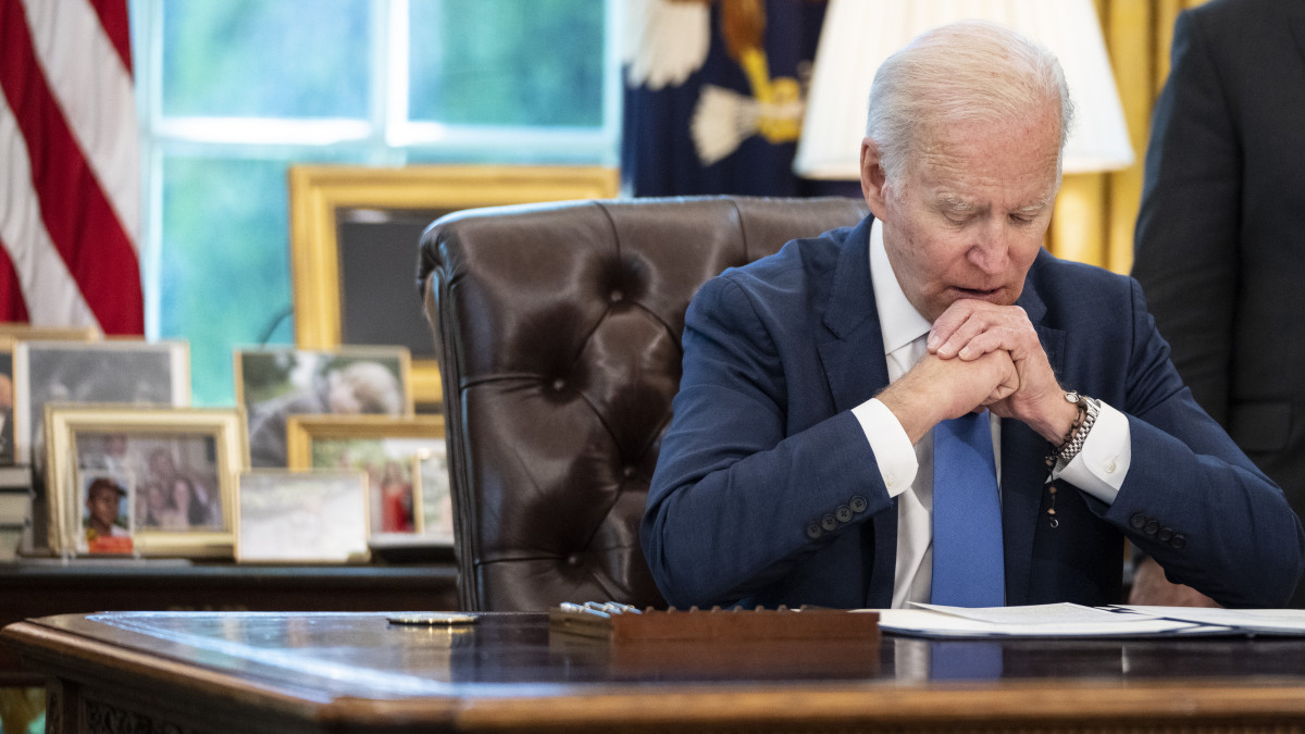 WASHINGTON, DC - MAY 9: U.S. President Joe Biden speaks to reporters before signing the Ukraine Democracy Defense Lend-Lease Act of 2022 in the Oval Office of the White House May 9, 2022 in Washington, DC. The Ukraine Democracy Defense Lend-Lease Act of 2022 was unanimously passed by the U.S. Senate on April 7 and will expedite military aide and other resources to Ukraine. (Photo by Drew Angerer/Getty Images)