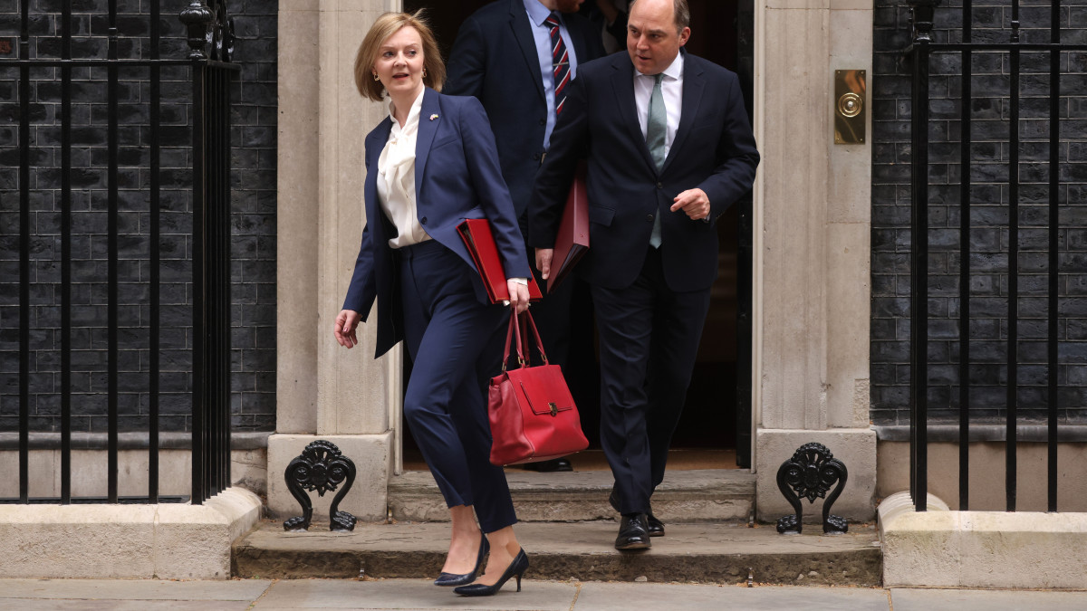 LONDON, ENGLAND - APRIL 19: Foreign Secretary Liz Truss and Defence Secretary Ben Wallace leave 10 Downing Street, following a Cabinet meeting on April 19, 2022 in London, England. The British prime minister faces MPs today as he tries to move on from the so-called Partygate scandal, in which Mr Johnson and government staff received fixed penalty notices related to social events that violated Covid-19 lockdown rules. (Photo by Dan Kitwood/Getty Images)