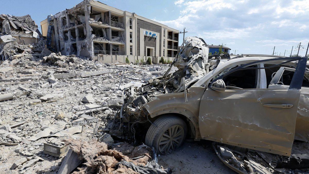 Views of damaged resort building and a car caused by a rocket strike in Odesa region, Ukraine on 16 May 2022. As a result of rocket strike four people were injured including a 4-year-old child. (Photo by STR/NurPhoto via Getty Images)