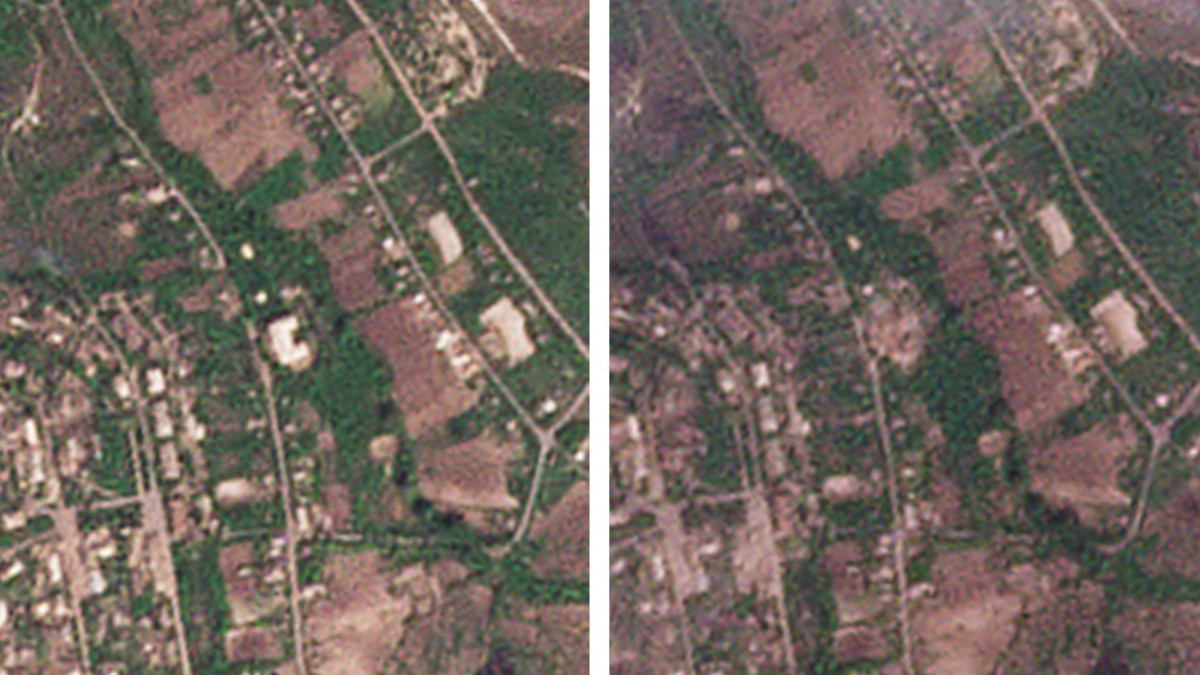 A Planet Labs amerikai vállalat által közreadott műholdfelvételek egy iskoláról (k) a Luhanszk megyei Bilohorivkában. A bal oldali műholdfelvétel május 7-én készült, a jobb oldali május 8-án, egy orosz légicsapást követően.