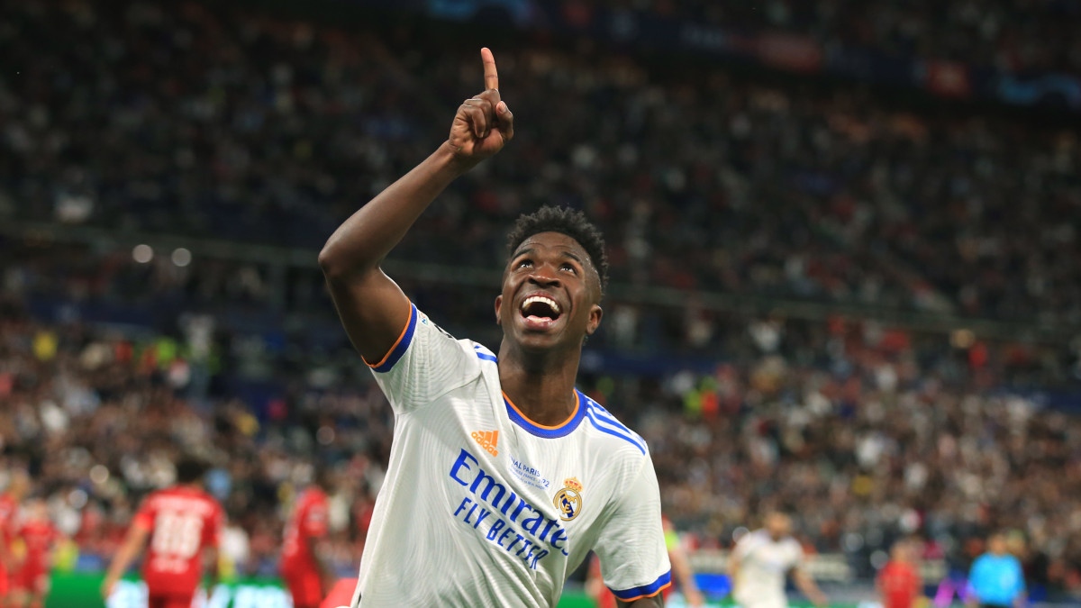 PARIS, FRANCE - MAY 28: Vinicius Junior of Real Madrid celebrating after scoring the opening goal of the match during the UEFA Champions League final match between Liverpool FC and Real Madrid at Stade de France on May 28, 2022 in Paris, France. (Photo by Simon Stacpoole/Offside/Offside via Getty Images)