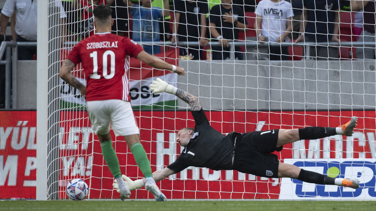 BUDAPEST, HUNGARY - JUNE 04: Dominik Szoboszlai of Hungary score a penalty past Jordan Pickford of England during the UEFA Nations League League A Group 3 match between Hungary and England at Puskas Arena on June 4, 2022 in Budapest, Hungary. (Photo by Visionhaus/Getty Images)