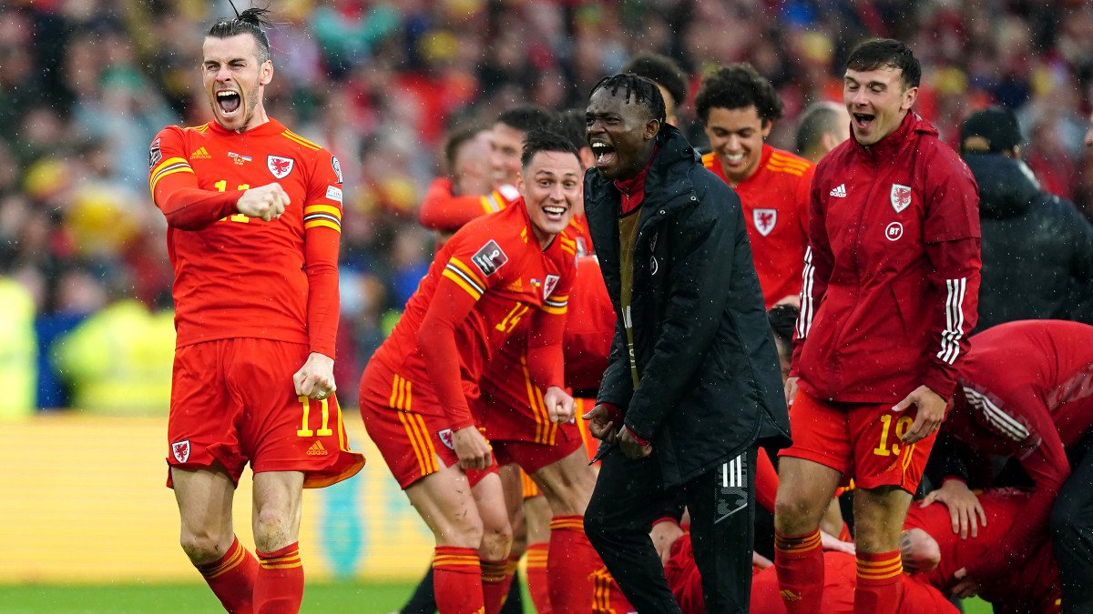 Wales Gareth Bale (left) celebrates with team-mates after qualifying for the Qatar World Cup following victory in the FIFA World Cup 2022 Qualifier play-off final match at Cardiff City Stadium, Cardiff. Picture date: Sunday June 5, 2022. (Photo by David Davies/PA Images via Getty Images)