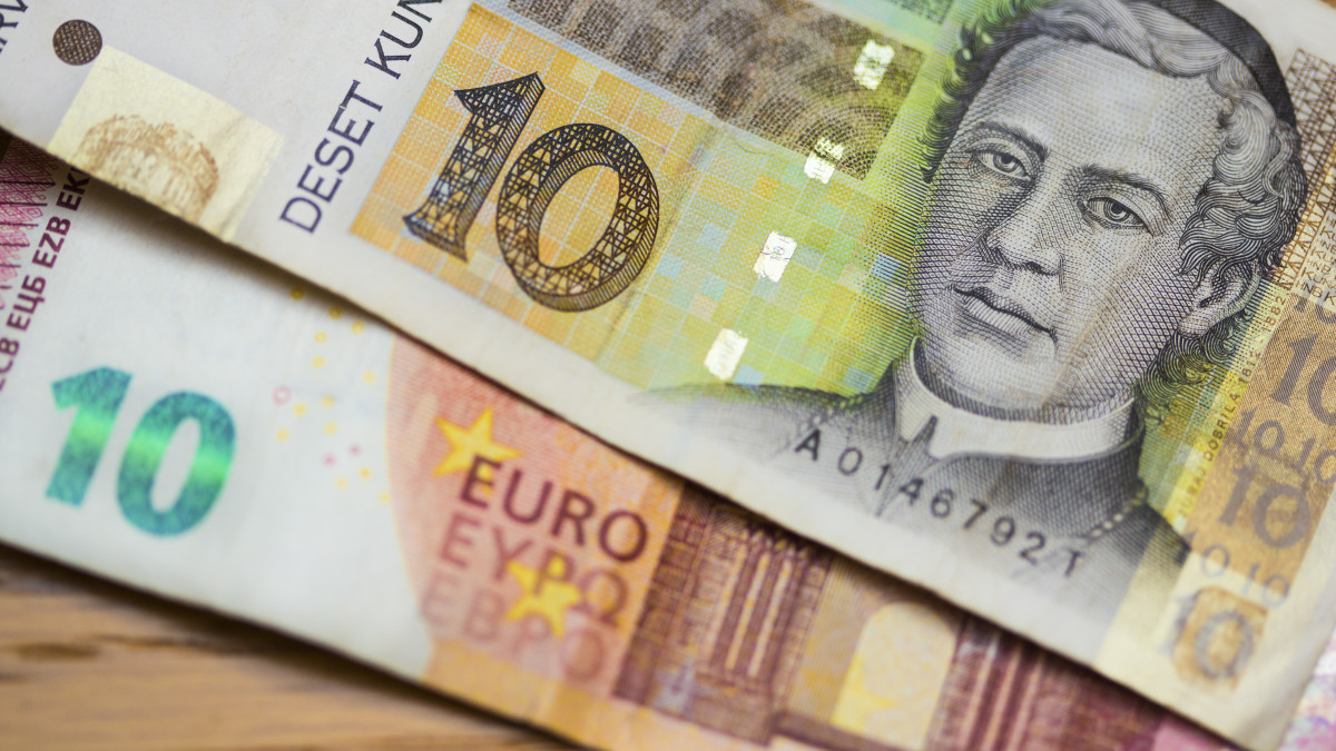 Group of Euro banknotes and a Croatian Kuna.