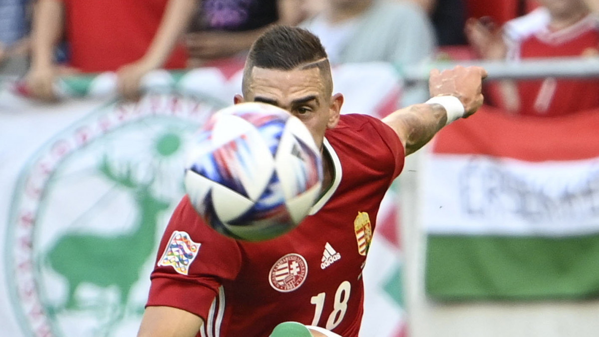 Nagy Zsolt, a magyar válogatott játékosa a labdarúgó Nemzetek Ligája 1. fordulójában játszott Magyarország - Anglia mérkőzésen a Puskás Arénában 2022. június 4-én.