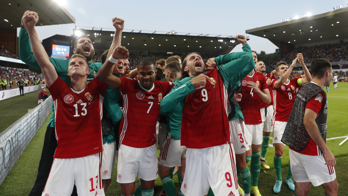 WOLVERHAMPTON, ENGLAND - JUNE 14: Daniel Gazdag of Hungary celebrates with his team mates after scoring a goal to make it 0-4 during the UEFA Nations League League A Group 3 match between England and Hungary at Molineux on June 14, 2022 in Wolverhampton, United Kingdom. (Photo by James Baylis - AMA/Getty Images)