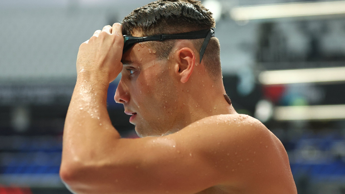 Milák Kristóf olimpiai, világ- és háromszoros Európa-bajnok válogatott úszó a Duna Arénában 2022. június 16-án, a magyarországi vizes vb kezdete előtt két nappal.