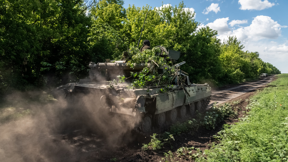 An Ukrainian tank is seen passing somewhere at the border between the Zaporizzja and the Doneck regions, Ukraine, on june 22, 2022.(Photo by Matteo Placucci/NurPhoto via Getty Images)