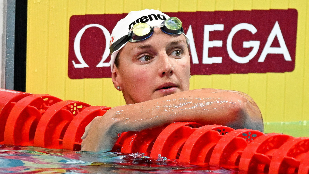 Hosszú Katinka a női 400 méteres vegyesúszás előfutamában a vizes világbajnokságon a Duna Arénában 2022. június 25-én. Hosszú Katinka az ötödik idővel döntős.