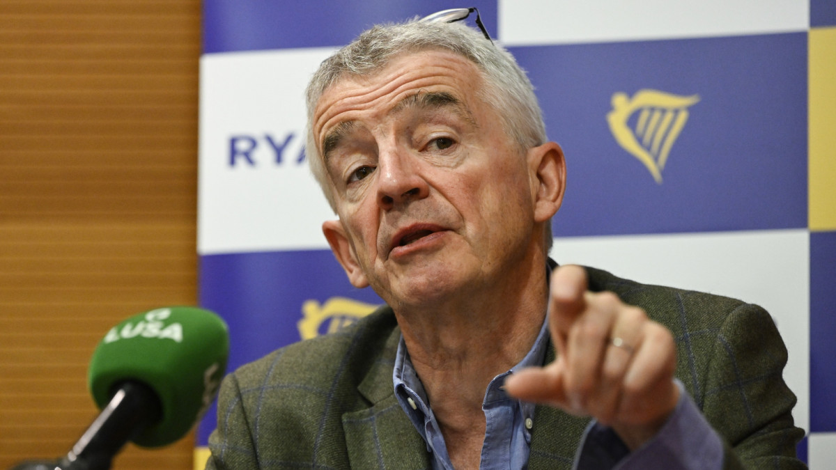 LISBON, PORTUGAL - MAY 25: Ryanair Group CEO Michael OLeary delivers remarks during a press conference in Radisson Blu Hotel to announce an increase of summer flights and to demand more slots for the airline in Lisbon International Airport, the opening as soon as possible of a second airport in Montijo, across the Tagus River, and the end of airport tax  on May 25, 2022 in Lisbon, Portugal. Ryanair airplanes may not be flying in the coming weeks due to a European strike of crew members that is expected to affect Portugal, Spain, France and Belgium. The Irish carriers workers are demanding better working conditions and wages and are asking for a company response by June. Failed negotiations may mean a summer with hundreds of canceled flights throughout the continent. (Photo by Horacio Villalobos#Corbis/Corbis via Getty Images)