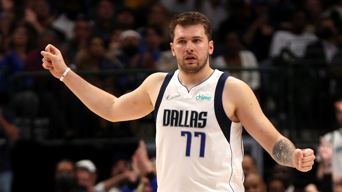 DALLAS, TEXAS - MAY 24: Luka Doncic #77 of the Dallas Mavericks celebrates a basket during the second quarter against the Golden State Warriors in Game Four of the 2022 NBA Playoffs Western Conference Finals at American Airlines Center on May 24, 2022 in Dallas, Texas. NOTE TO USER: User expressly acknowledges and agrees that, by downloading and or using this photograph, User is consenting to the terms and conditions of the Getty Images License Agreement. (Photo by Tom Pennington/Getty Images)