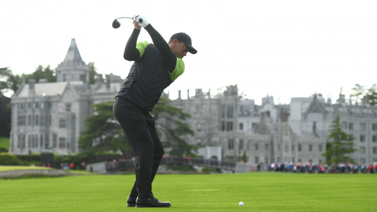 Limerick , Ireland - 4 July 2022; Tiger Woods of USA on the 18th hole during day one of the JP McManus Pro-Am at Adare Manor Golf Club in Adare, Limerick. (Photo By Ramsey Cardy/Sportsfile via Getty Images)