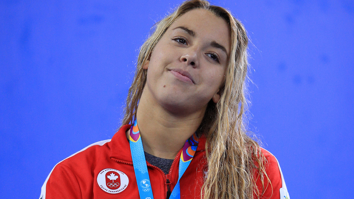 LIMA, PERU - AUGUST 09: Bronze medalist Mary-Sophie Harvey of Canada smiles in the podium Womens 400m Individual Medley on Day 14 of Lima 2019 Pan American Games at Aquatics Center of Villa Deportiva Nacional  on August 09, 2019 in Lima, Peru. (Photo by Buda Mendes/Getty Images)