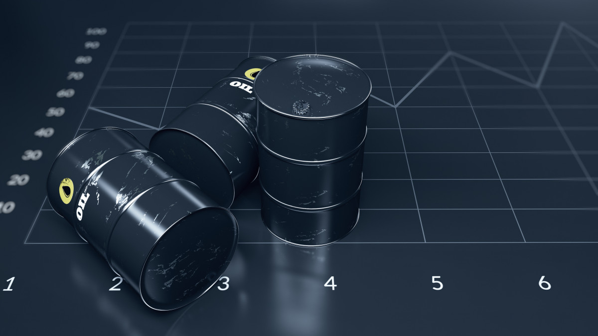 Oil drums sitting over blue financial graph background. Selective focus. Horizontal composition with copy space. Oil prices and stock market and finance concept.