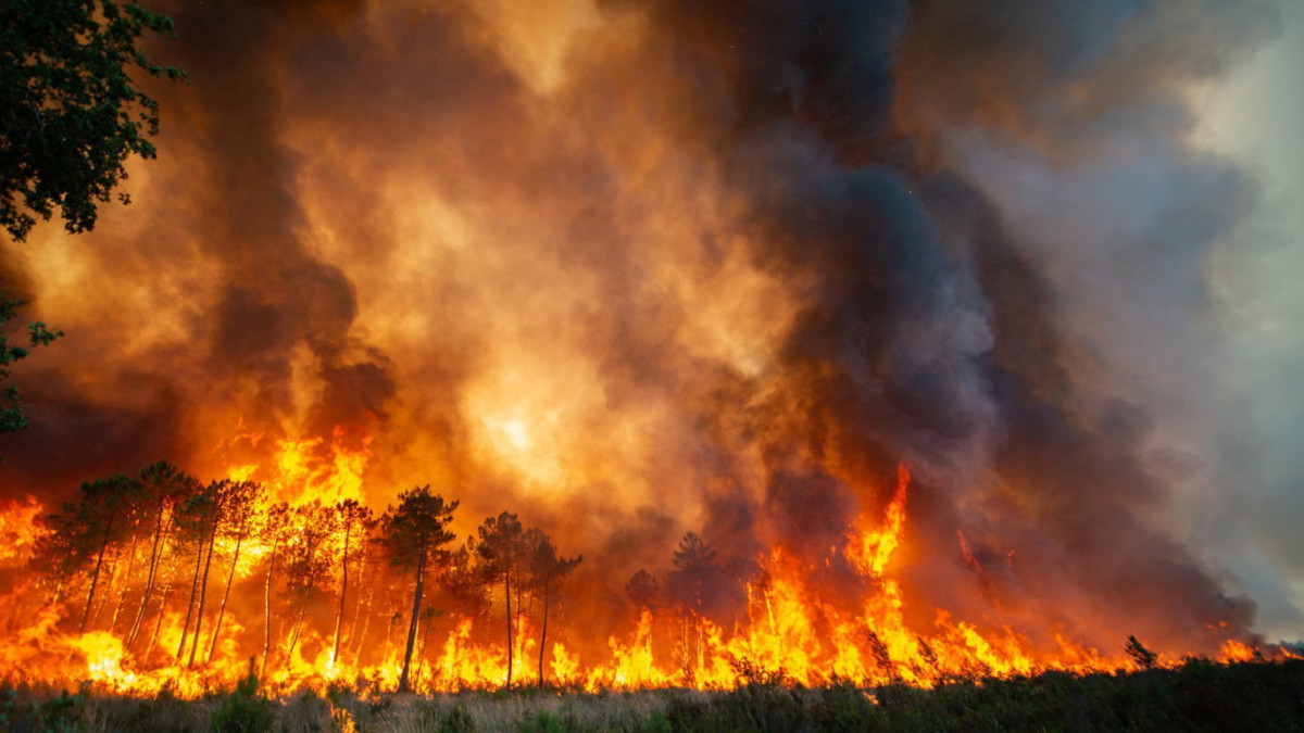 A Gironde megye tűzoltósága (SDIS 33) által közreadott képen a délnyugat-franciaországi Landira település közelében tomboló erdőtűzről 2022. július 16-án.