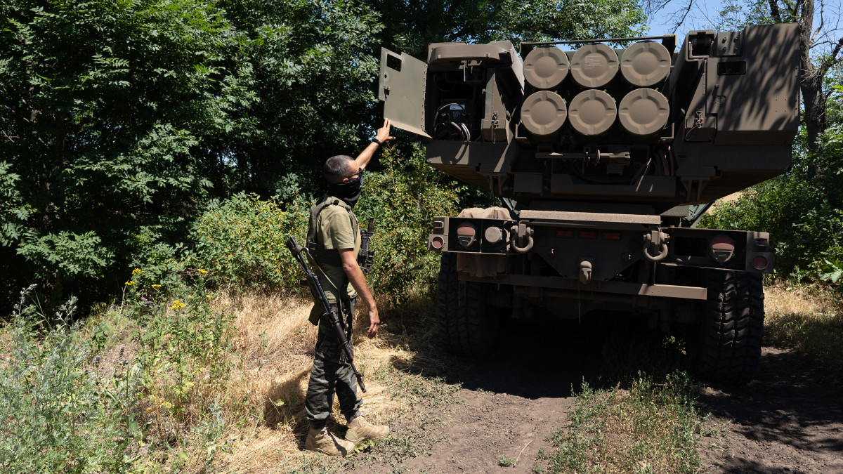 EASTERN UKRAINE , UKRAINE - JULY 1: Kuzia, the commander of the unit, shows the rockets on HIMARS vehicle in Eastern Ukraine on July 1, 2022.   (Photo by Anastasia Vlasova for The Washington Post via Getty Images)