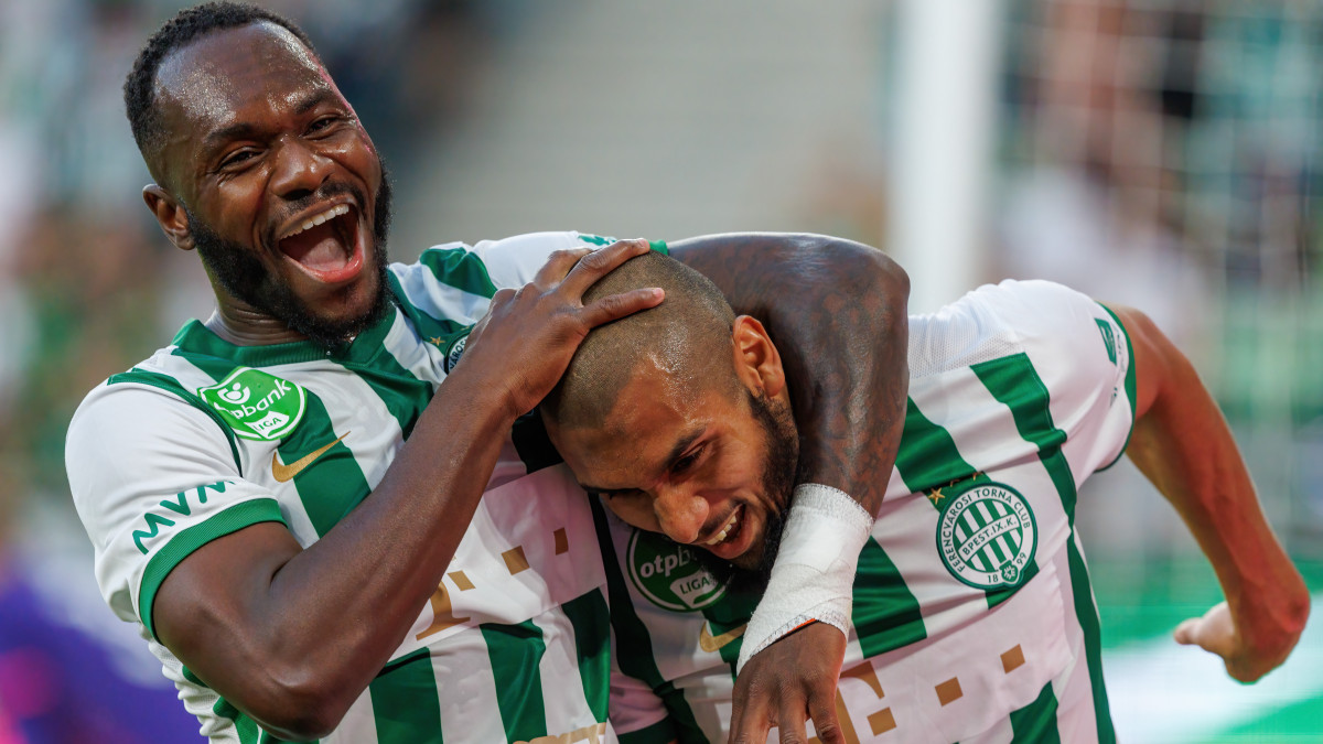 BUDAPEST, HUNGARY - JULY 13: Aissa Laidouni of Ferencvarosi TC celebrates after scoring a goal with Franck Boli of Ferencvarosi TC during the UEFA Champions League 2022/23 First Qualifying Round Second Leg match between Ferencvarosi TC and FC Tobol at Ferencvaros Stadium on July 13, 2022 in Budapest, Hungary. (Photo by Laszlo Szirtesi/Getty Images)