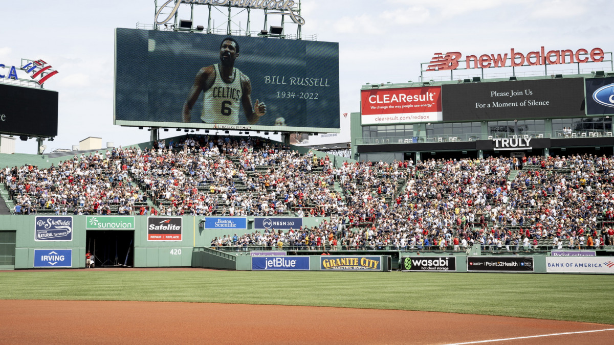 BOSTON, MA - JULY 31: A moment of silence for Bill Russell is held before a game between the Boston Red Sox and the Milwaukee Brewers on July 31, 2022 at Fenway Park in Boston, Massachusetts. (Photo by Maddie Malhotra/Boston Red Sox/Getty Images)