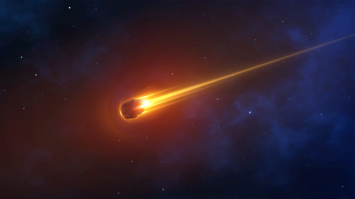 Realistic comet, meteorite, an asteroid in motion burns against the background of outer space. 3d object vector illustration. Bullet burns with fire