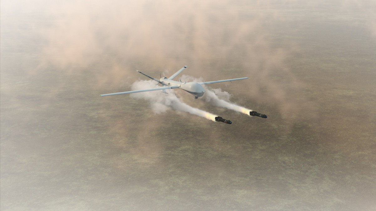 A military predator drone firing its two missiles.