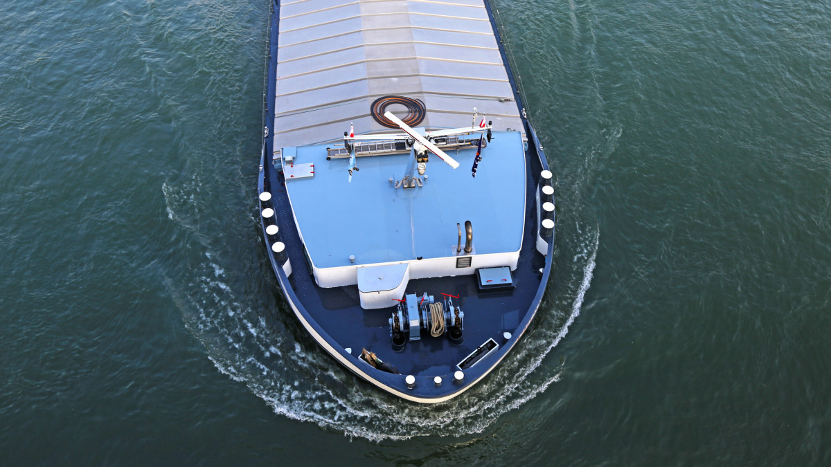 Inland vessel photographed from above